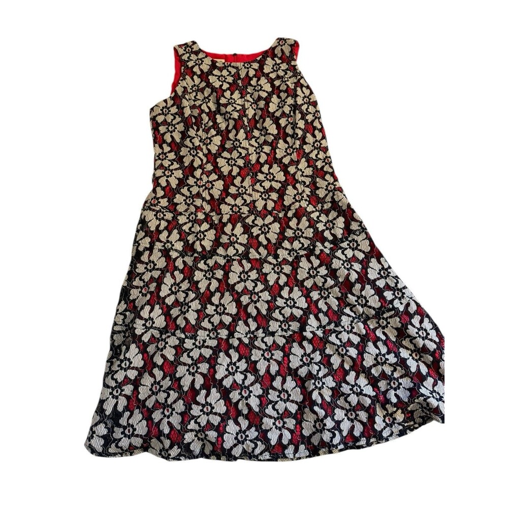 Anne Klein Sleeveless Lace Swing Dress Women Size 10 Red Black Floral Lined Zip